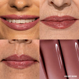 Four close-up images of lips wearing glossy mauve lipstick, shown on diverse skin tones. The bottom right quadrant displays a smeared swatch of the lipstick with the label VELVET ROSE.