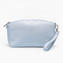 A light blue PU leather Makeup Bag by PrimePrometics™, featuring a zipper closure, detachable wrist strap, and a subtle embossed BP logo on the front, set against a white background—a stylish accessory for your beauty essentials.