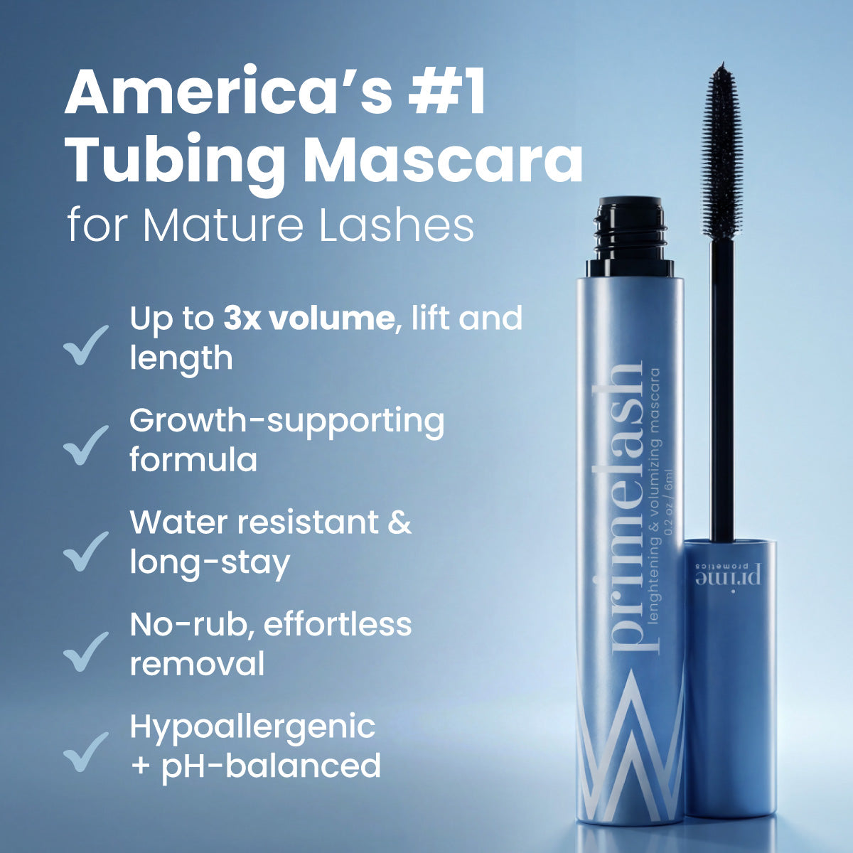 An open tube of PrimePrometics™ Instant Red Carpet Look Set stands upright beside its wand, with text highlighting up to 3x volume, lash growth support, water resistance, easy removal, and a hypoallergenic formula for mature lashes.