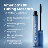 An open tube of PrimePrometics™ Instant Red Carpet Look Set stands upright beside its wand, with text highlighting up to 3x volume, lash growth support, water resistance, easy removal, and a hypoallergenic formula for mature lashes.
