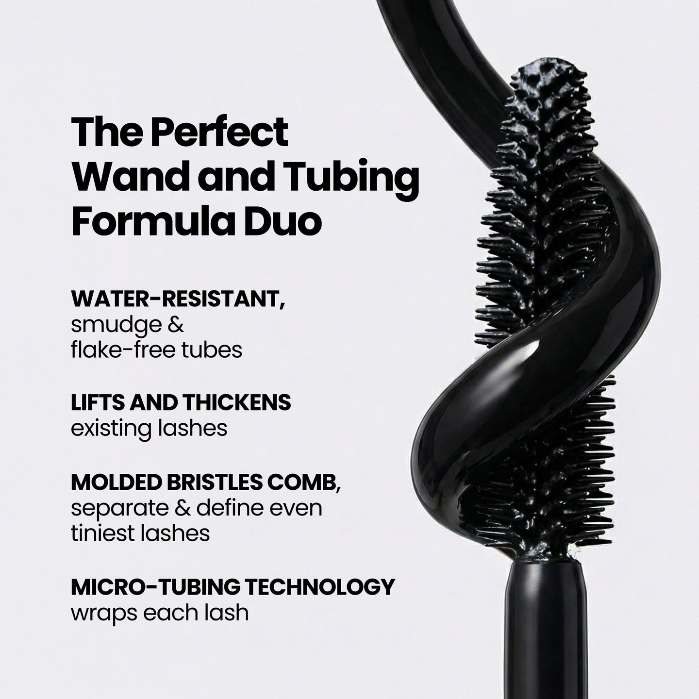 Close-up of a black mascara wand with molded bristles, next to text highlighting its features: water-resistant, lifts and thickens, defines lashes, and uses micro-tubing technology. Achieve dramatic volume and length by pairing your look with the PrimePrometics™ Effortless Beauty Bundle—combine it with PrimeLash Mascara for bold lashes or use alongside PrimeSkin CC+ Cream to create a flawless complexion.