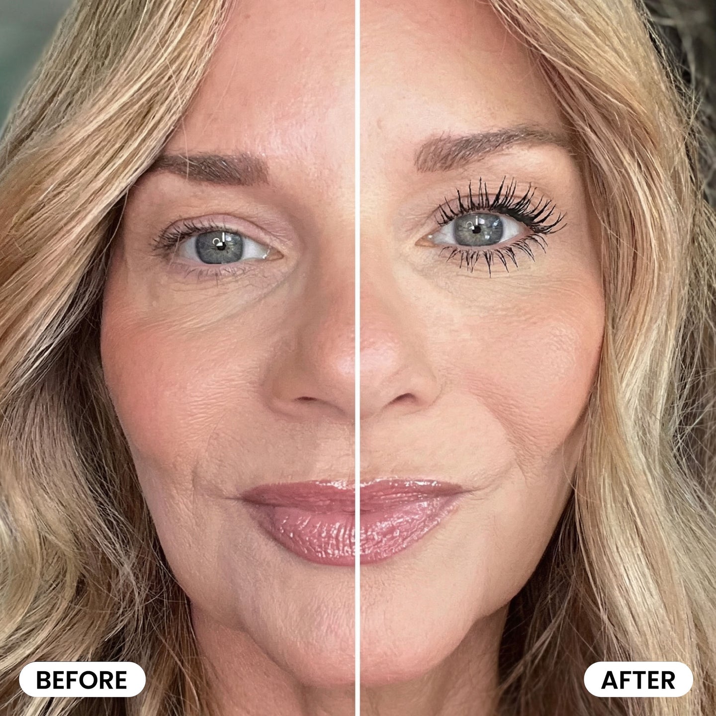 Split image of a woman's face: left side without makeup labeled Before, right side showing her with enhanced lashes and smoother skin labeled After. The After side highlights the dramatic results achieved using the PrimePrometics™ K.I.S.S Bundle.