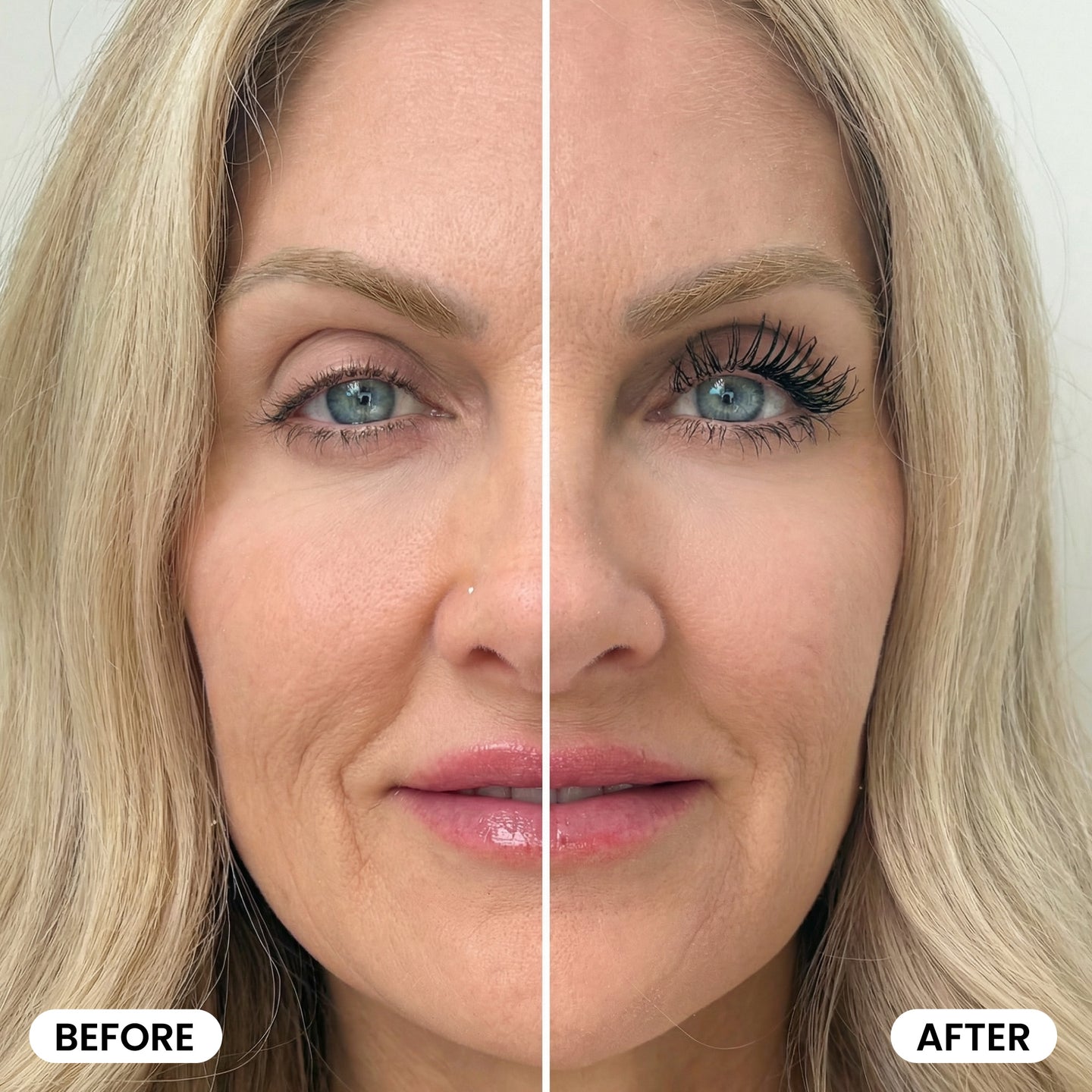 Split image of a woman's face. The left side, labeled Before, shows a natural look. The right side, labeled After, features enhanced eyelashes with mascara and a flawless complexion achieved using the Effortless Beauty Bundle by PrimePrometics™ for a more dramatic eye appearance and radiant finish.