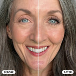 A woman's face is divided in half; the left side, labeled Before, reveals her natural features, while the right side, labeled After, showcases dramatic eye makeup with bold mascara-coated lashes and flawlessly blended skin achieved using the Effortless Beauty Bundle by PrimePrometics™.