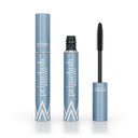 Three blue tubes of Mini PrimeLash Mascara by PrimePrometics™: one capped, one open to reveal the mascara, and one showing the black-bristled wand. Tubes feature white text and geometric patterns.