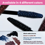 Close-up of four mascara brushes in black, navy, brown, and mulberry colors, with swatches below. Text highlights: “Available in 4 different colors” and brief descriptions of each shade’s effect.