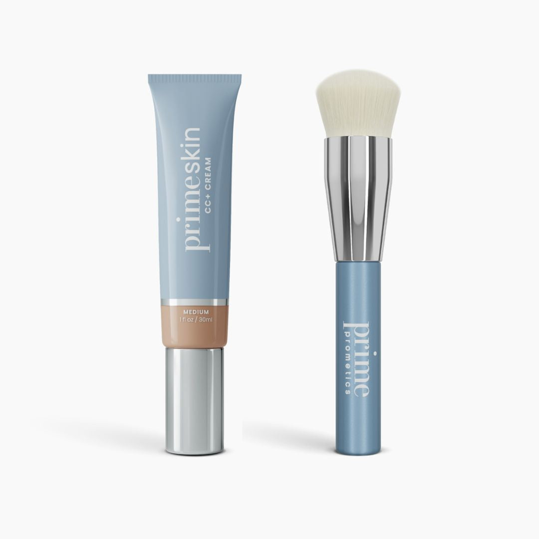 A PrimePrometics™ Flawless Finish Bundle, featuring CC+ Cream in medium and a blue-handled Foundation Brush with soft, rounded bristles, is displayed on a white background.