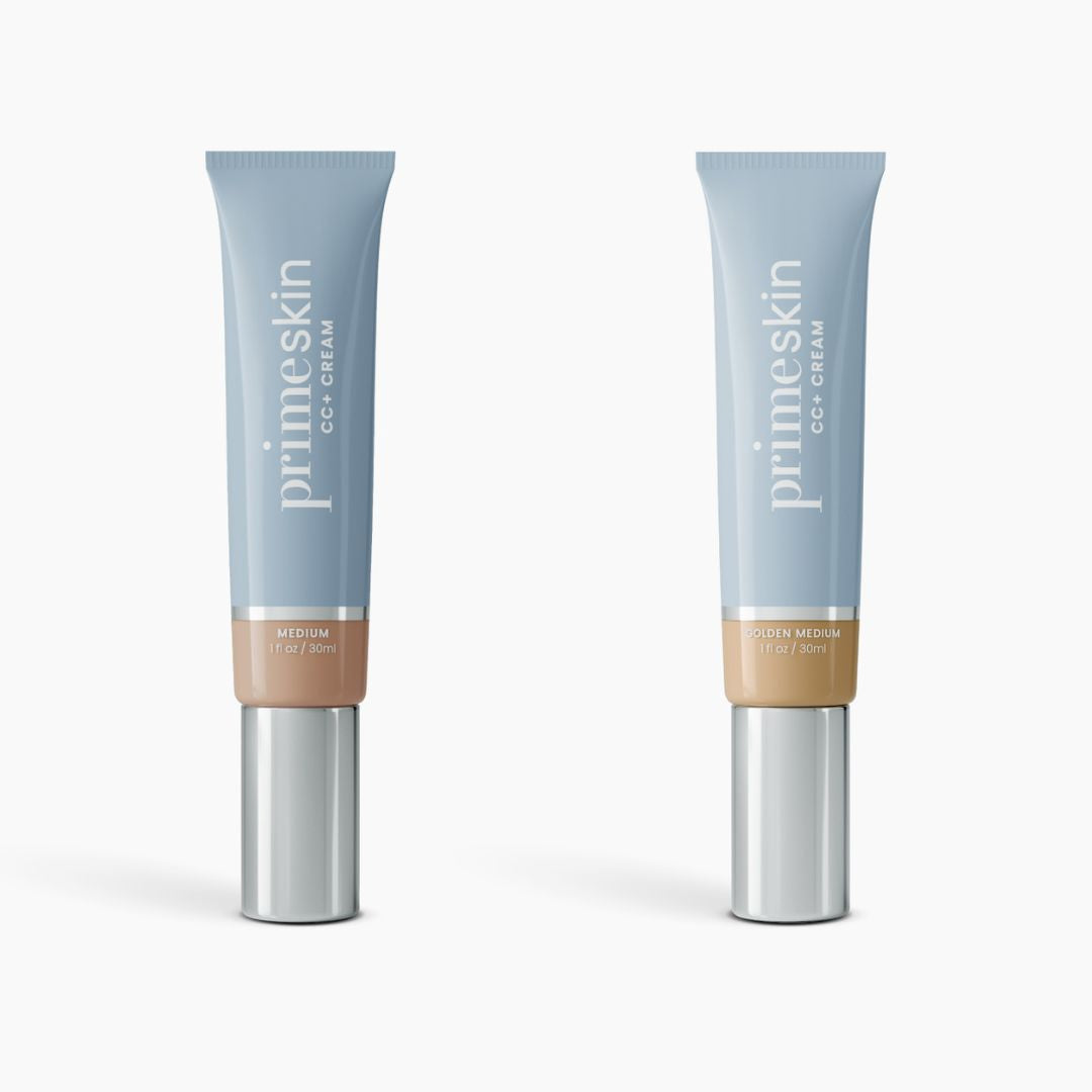 Two tubes of PrimePrometics™ 2pcs PrimeSkin CC+ Cream stand upright on a white background. The left is labeled Medium, the right Golden Medium. Both feature silver caps and sleek blue-gray packaging.