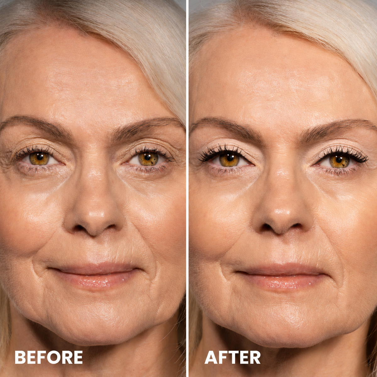 Side-by-side comparison of an older woman’s face labeled Before (left) and After (right), showing smoother skin, brighter eyes, and enhanced makeup on the After side.