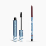 The Eye Upgrade Duo by PrimePrometics™ features two blue tubes with white geometric patterns: an open Volumizer mascara with brush labeled primelash volumizer and a capped Glide Eyeliner pencil labeled prime liner.