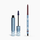 The Eye Upgrade Duo by PrimePrometics™ includes two blue products with white geometric designs: an open Volumizer mascara with a purple brush on the left and a Glide Eyeliner pencil on the right, both featuring brand packaging.