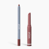 A mauve Natural Lip Plump Duo by PrimePrometics™—a velvet pencil with gray body and a matching lipstick in a mauve tube—stand upright on a white background.