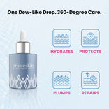 A blue bottle of Primeskin Magic Repair Serum with a dropper is shown next to four icons labeled: Hydrates, Protects, Plumps, and Repairs. Text above reads: One Dew-Like Drop. 360-Degree Care.