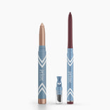 The PrimePrometics™ Eye Lift Duo features two blue pencils with white chevrons—a shimmery beige illuminating eye tint and a slim maroon eyeliner—plus a sharpener and cap. This water-resistant duo is ideal for women over 50.