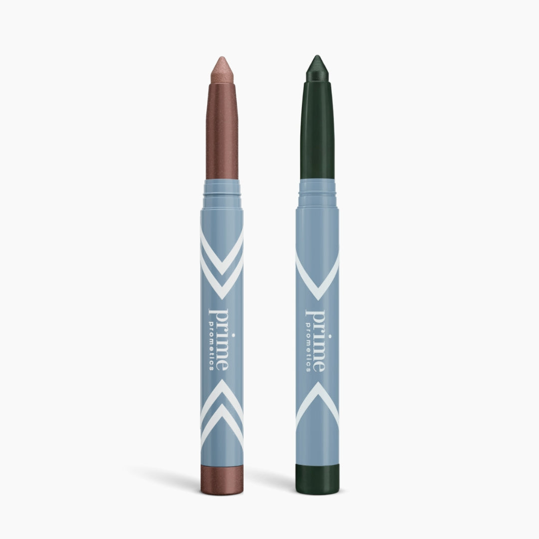 Two blue PrimePrometics™ 2pcs PrimeEyes Eye Brightener twist-up sticks with chevron patterns, featuring shimmery bronze and deep green tips, stand upright on a white background for easy and effortless eye care.