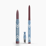 Two blue and silver PrimePrometics™ Eye Lift Duo eyeliners stand upright—one rounded, one pointed—with a small sharpener attachment between them, all set against a white background.