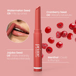 A pink lip balm labeled prime promises is shown with ingredients: watermelon seed oil, cranberry seed oil, jojoba seed oil, and menthol. Each ingredient is illustrated with text detailing its benefits.