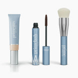 The Effortless Beauty Complete Bundle by PrimePrometics™ features four upright blue and silver products—Primeskin, Primelash Mascara with the wand out, a Foundation Brush labeled PrimePromoter—displayed on a white background.