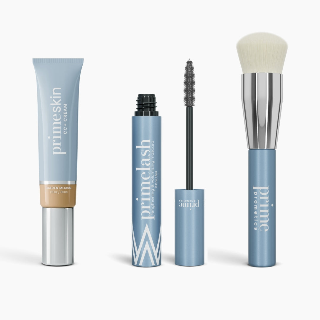 The Effortless Beauty Complete Bundle by PrimePrometics™ features four blue products—including Primeskin CC+ Cream, Primelash Mascara with the wand, and a Foundation Brush—displayed upright on a white background.