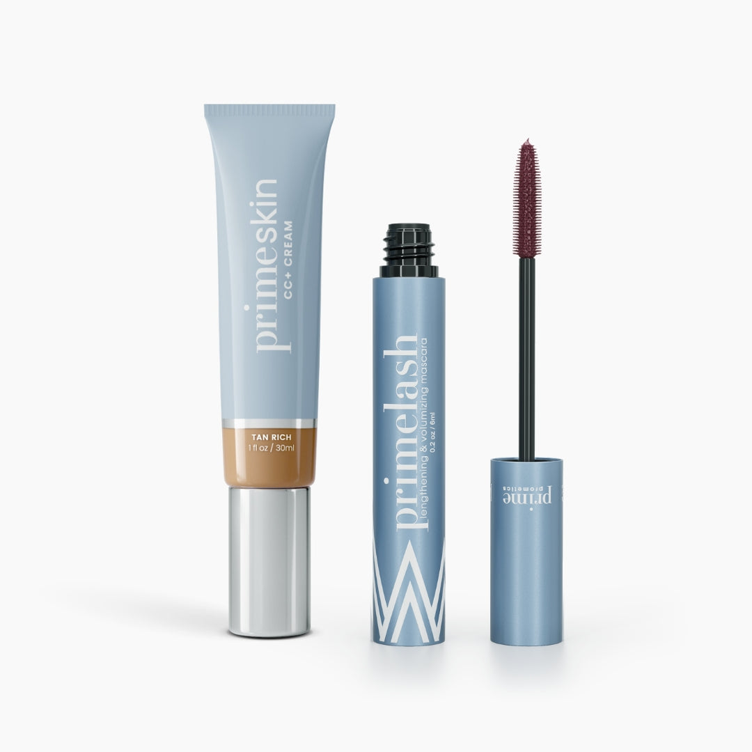 The Effortless Beauty Bundle by PrimePrometics™ features a tube labeled Tan Rich and an open mascara with a visible wand; both containers are light blue with white text and accents.
