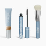 The Effortless Beauty Complete Bundle by PrimePrometics™ includes a primeskin CC+ Cream, two mascaras (open primelash and closed), and a foundation brush, all in light blue packaging.