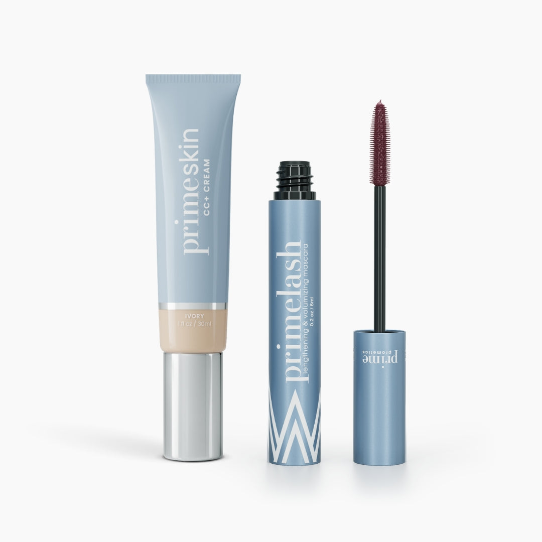 The Effortless Beauty Bundle by PrimePrometics™ includes a blue tube of CC+ Cream, blue PrimeLash Mascara with wand exposed, and a primer, all featuring a minimalist design on a white background.