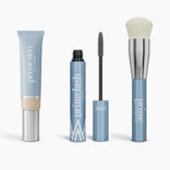 The PrimePrometics™ Effortless Beauty Complete Bundle includes four light blue cosmetics: CC+ Cream, open and closed Mascaras, and a Foundation Brush with a white bristle head.
