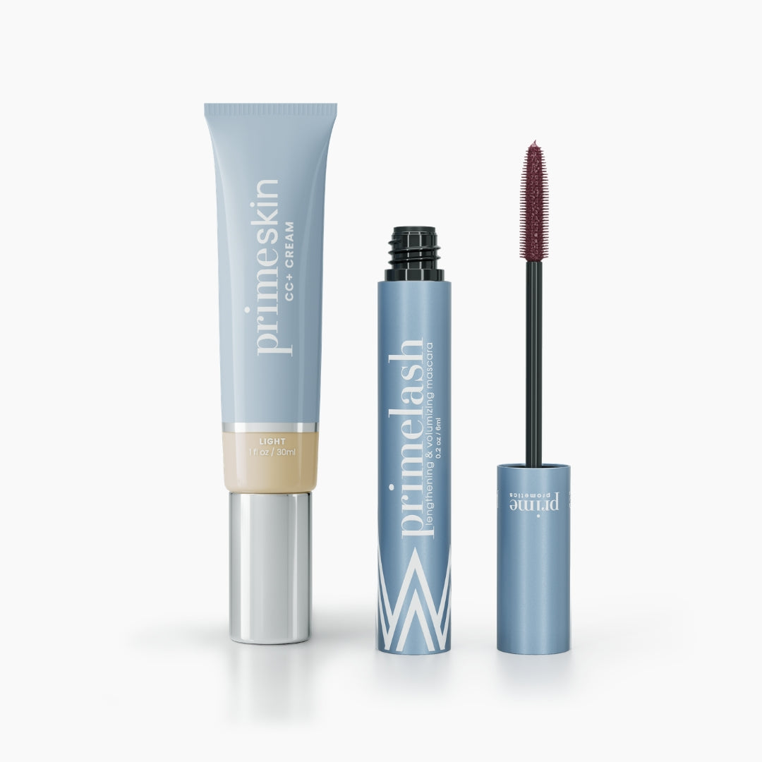 The Effortless Beauty Bundle by PrimePrometics™ features three light blue packaged cosmetics—CC+ Cream, an opened PrimeLash Mascara, and its matching wand with a dark red brush—displayed on a clean white background.