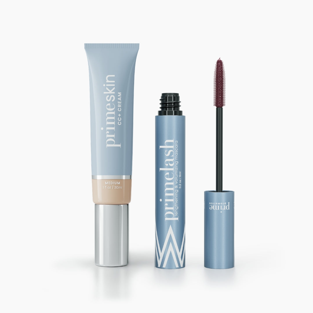The PrimePrometics™ Effortless Beauty Bundle features a light blue tube of CC+ Cream and a blue mascara with its wand, both standing upright on a white background.