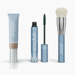 The Effortless Beauty Complete Bundle by PrimePrometics™ features four blue and silver items: CC+ Cream, an open mascara with a green wand, a closed mascara tube, and a foundation brush with a silver handle and white bristles.