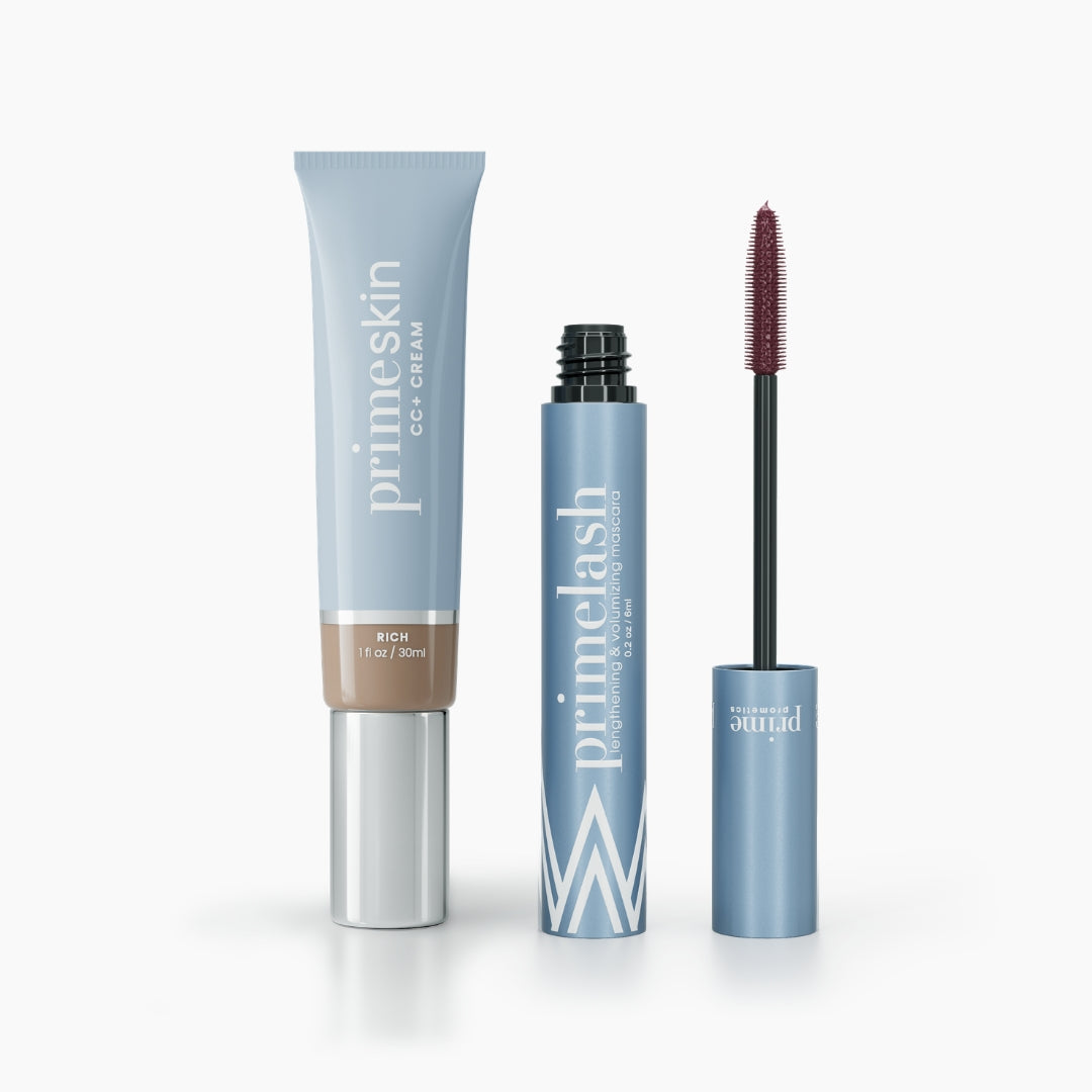 The Effortless Beauty Bundle by PrimePrometics™—including three light blue cosmetic products—is stylishly displayed on a crisp white background.