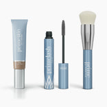 The Effortless Beauty Complete Bundle by PrimePrometics™ features four blue and silver products: a primeskin CC+ Cream, primelash Mascara with visible wand, and a Foundation Brush—each standing upright.