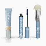 The Effortless Beauty Complete Bundle by PrimePrometics™ features four blue and silver makeup essentials: CC+ Cream, Mascara with wand, and a soft-bristled Foundation Brush, all displayed on a white background.