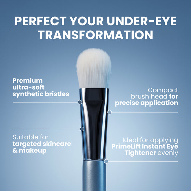 PrimePrometics™ PrimeLift Precision Applicator Brush featuring an ultra-soft white synthetic bristle head, silver ferrule, and metallic blue handle, designed to be gentle on mature skin.