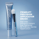 A tube of PrimeLift Instant Eye Tightener next to a PrimePrometics™ Precision Applicator Brush, with text describing the products and their use.