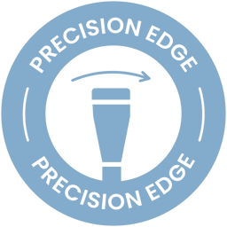 A blue circular badge with the words PRECISION EDGE at the top and bottom. In the center, there is a graphic of a tapered object with an arrow curving above it, suggesting motion or rotation.