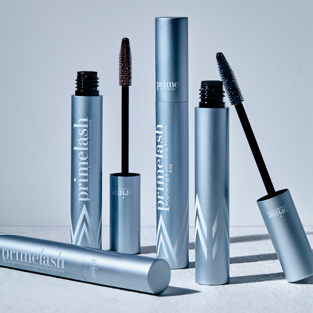 Three Prime Prometics PrimeLash Mascara tubes shown together with their brush wands