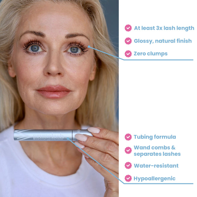 Three open tubes of PrimePrometics™ 3pcs PrimeLash Mascara, featuring a blue and white design, are lined up side by side with their black mascara wands on display.