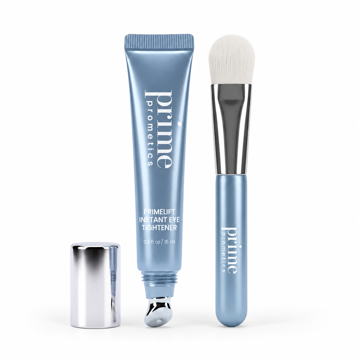 PrimePrometics™ Instant Under-Eye Depuff Set mit einer blauen Tube mit Metall-Rollerball-Applikator, einer silbernen Kappe und einem passenden Präzisionspinsel.