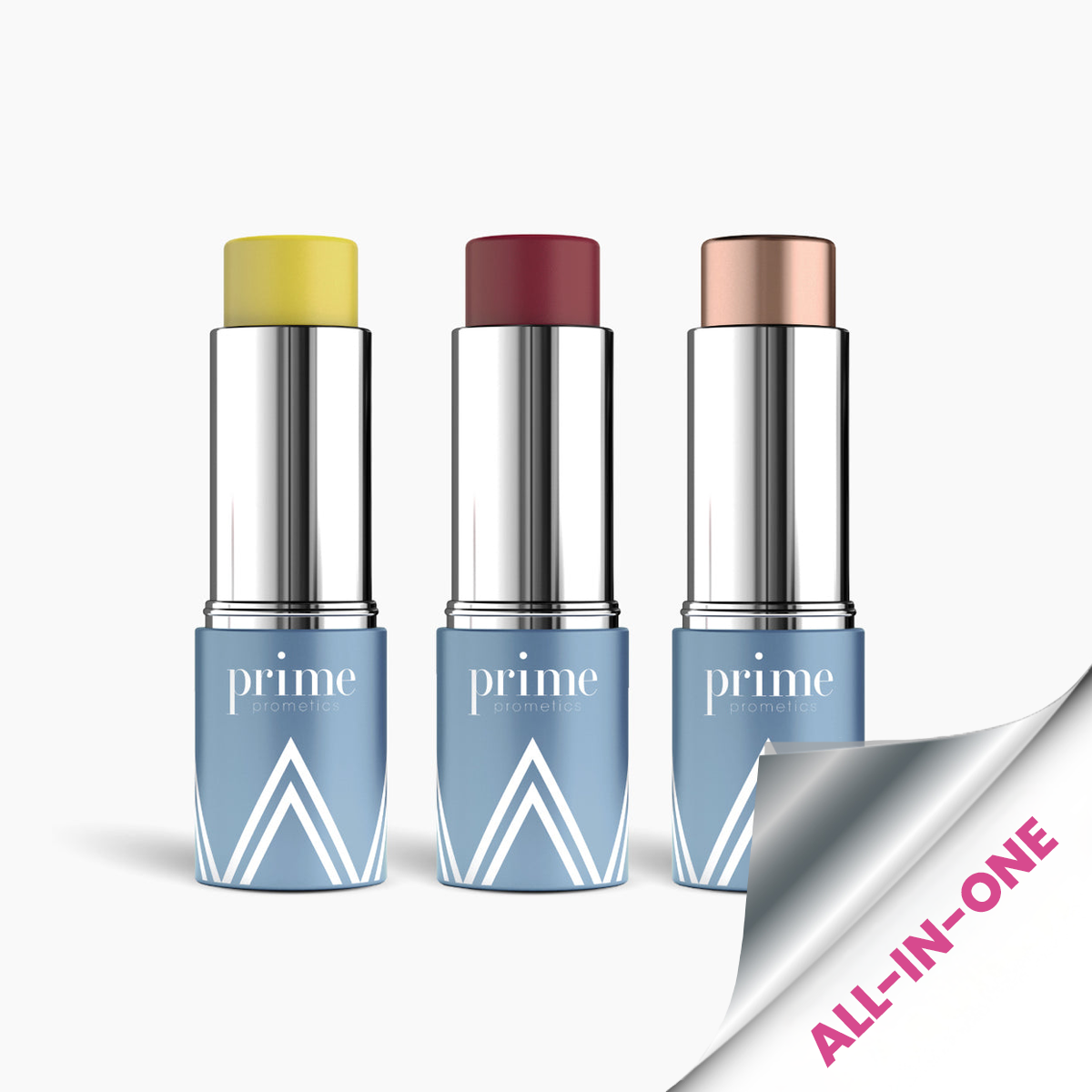 Three silver and blue tubes of prime promaetic all-in-one makeup sticks in yellow, burgundy, and beige shades, with a curled corner labeled ALL-IN-ONE in pink text.