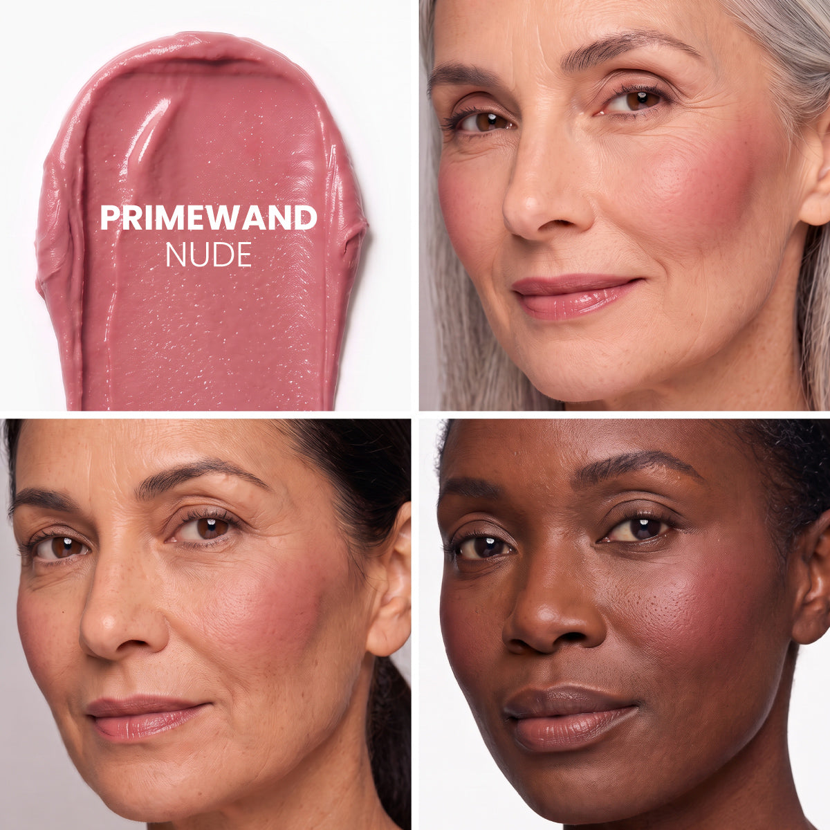 Vier Bilder: ein Hauch von malvenfarbenem Lippenstift mit der Aufschrift „PrimeWands 5-in-1 Makeup Wand“ von PrimePrometics™ sowie drei Frauen unterschiedlichen Alters und mit unterschiedlichen Hauttönen, die das Produkt tragen – jede mit einem sanften, natürlichen Make-up und einem freundlichen Lächeln. Dieser mit Hautpflegewirkstoffen angereicherte Make-up-Stift vereint pflegende Eigenschaften mit aufbaubarer Farbe für einen strahlenden, selbstbewussten Look.