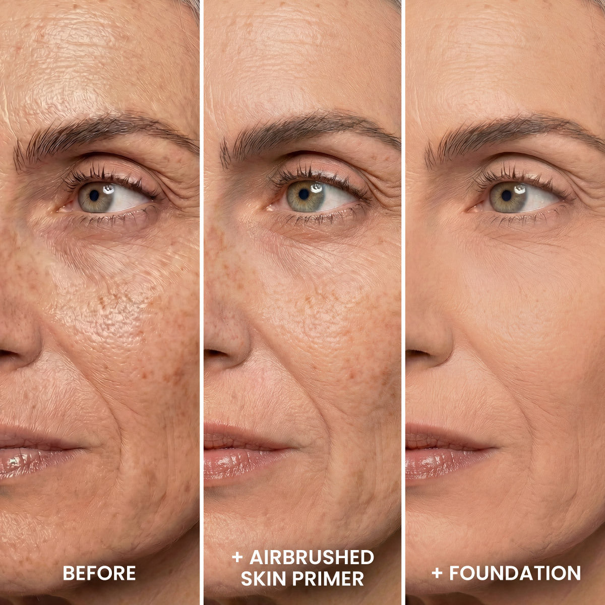 Close-up of a woman's face in three stages: left shows natural skin, middle shows smoother skin after using PrimePrometics™ primer, right shows even-toned skin with the CC+ Complete Foundation Bundle. Each stage is clearly labeled.