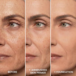 Close-up of a woman's face in three stages: left shows natural skin, middle shows smoother skin after using PrimePrometics™ primer, right shows even-toned skin with the CC+ Complete Foundation Bundle. Each stage is clearly labeled.