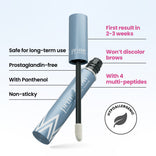 A blue tube of Prime Prometic eyebrow serum with applicator is shown. Text highlights benefits: first results in 2–3 weeks, won’t discolor brows, contains multi-peptides, is hypoallergenic, non-sticky, and prostaglandin-free.