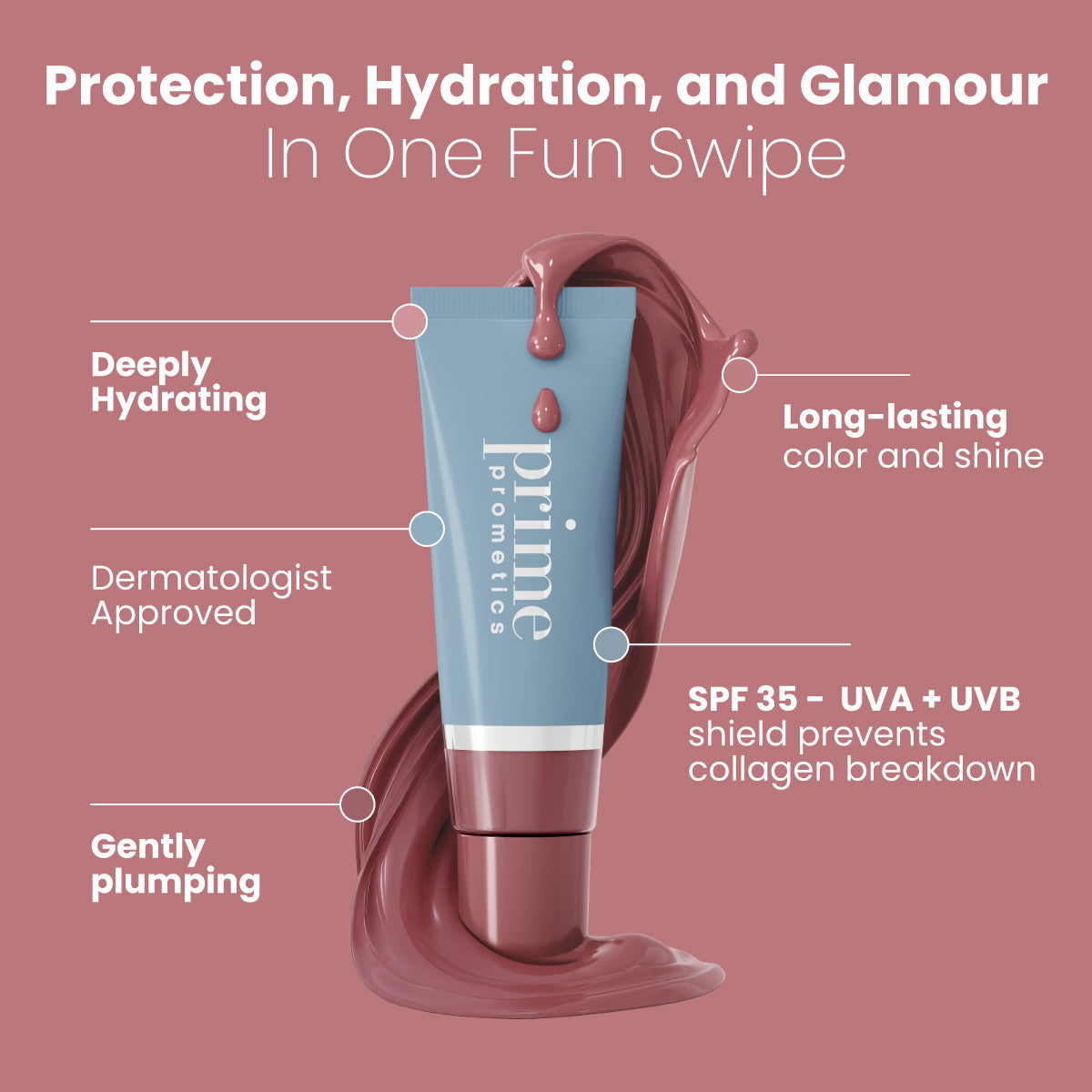 A mauve tube of Prime Promette is wrapped in glossy mauve liquid. Text highlights its features: deeply hydrating, dermatologist approved, gently plumping, long-lasting color and shine, and SPF 35 UVA+UVB protection.
