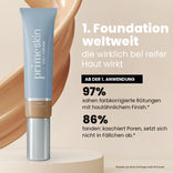 A tube of PrimePrometics™ Flawless Finish Bundle in tan stands upright, with swirls of beige foundation in the background. Text highlights product benefits and survey results for mature skin, recommending a foundation brush for optimal, flawless application.