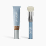 The Flawless Finish Bundle by PrimePrometics™ features a tube of CC+ Cream in Rich and a matching blue-handled foundation brush with a silver ferrule and white bristles, both displayed on a plain white background.