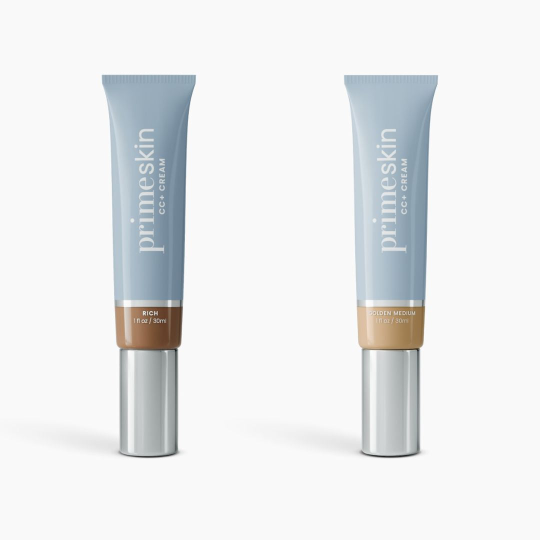 Two light blue 1 fl oz (30ml) tubes of PrimePrometics™ 2pcs PrimeSkin CC+ Cream, labeled Rich and Golden Medium, stand upright on a white background. This lightweight foundation blurs pores and suits women over 50.