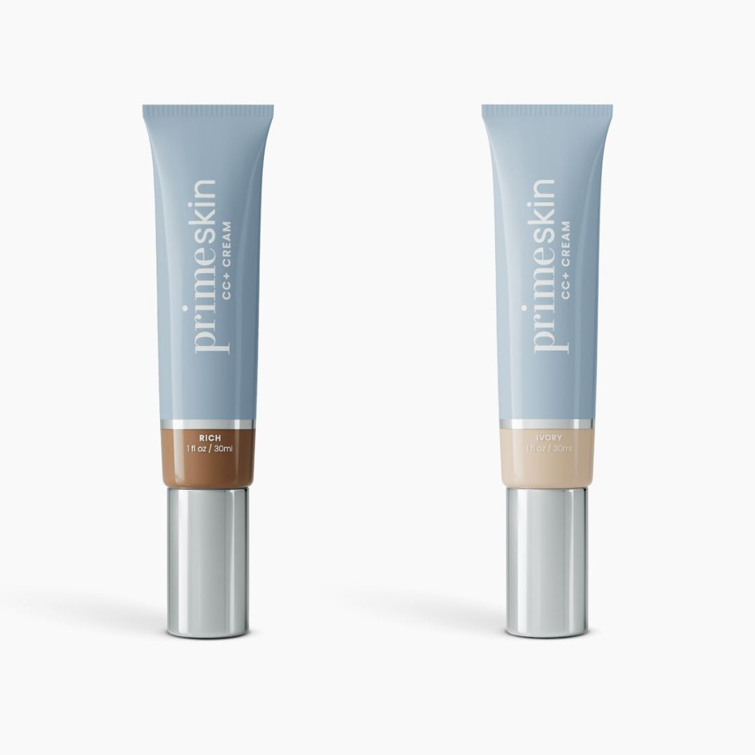 Two light blue tubes of PrimePrometics™ 2pcs PrimeSkin CC+ Cream (1 fl oz/30 ml each) are shown—one in Rich (darker shade) and one in Ivory (lighter shade); both offer lightweight pore-blurring coverage.
