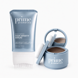 PrimePrometics™ Root Reset Duo featuring a tube of peptide hair density serum with an applicator tip next to a compact of hairline powder with a mirror and puff.